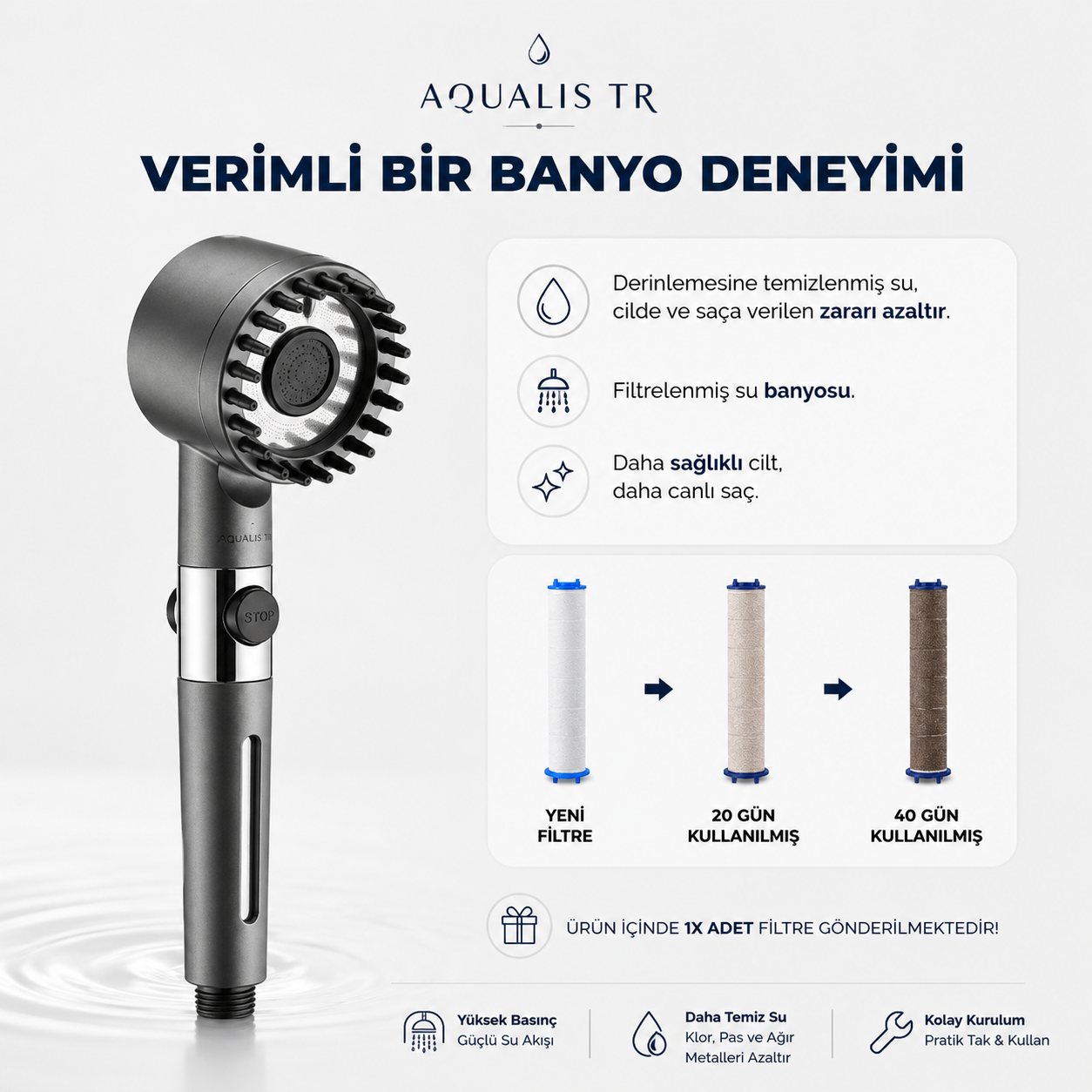 AQUALIS TR Premium Filtreli Masajlı Duş Başlığı